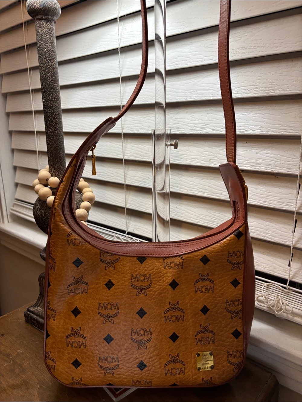 MCM Cognac Visetos Monogram Hobo with Black Logo Accents